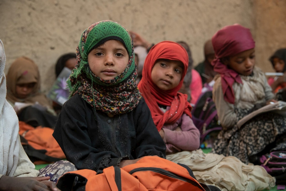 Yemen. Displaced children study in a school in Sana'a.