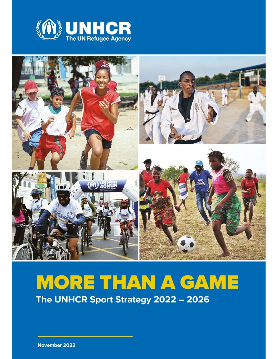 Cover of the UNHCR Sport Strategy, featuring multiple photos of children and young people playing sport. 