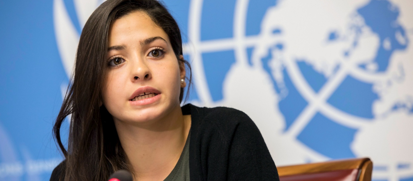 Yusra Mardini answers questions during a press conference in Geneva following her appointment as Goodwill Ambassador.