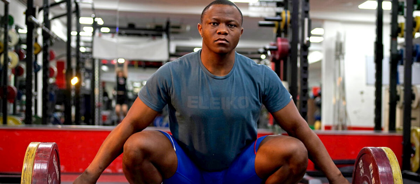 United Kingdom. Weightlifter and Refugee Olympic Team hopeful Cyrille Tchatchet