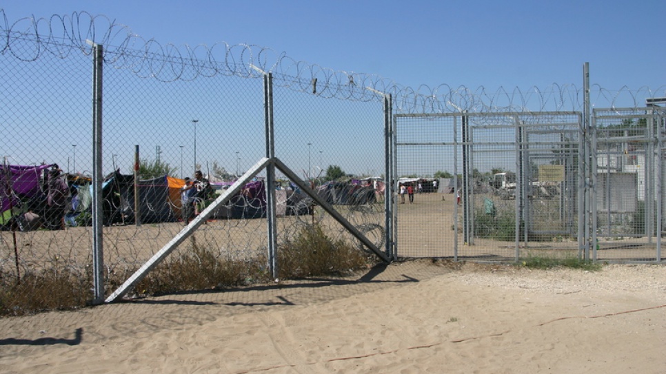 The Röszke makeshift refugee camp, seen from the Hungarian side of the Serbia-Hungary border.