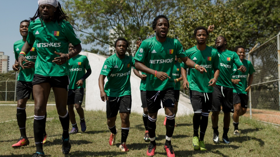 Cameroon players train, ahead of their first match of the Refugees World Cup at CERET Park, Sao Paulo, Brazil.