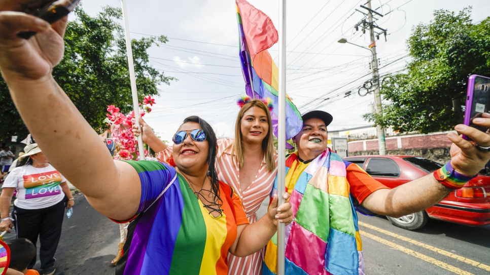 LGBT activist Bianka Rodriguez meets participants at Pride in San Salvador.