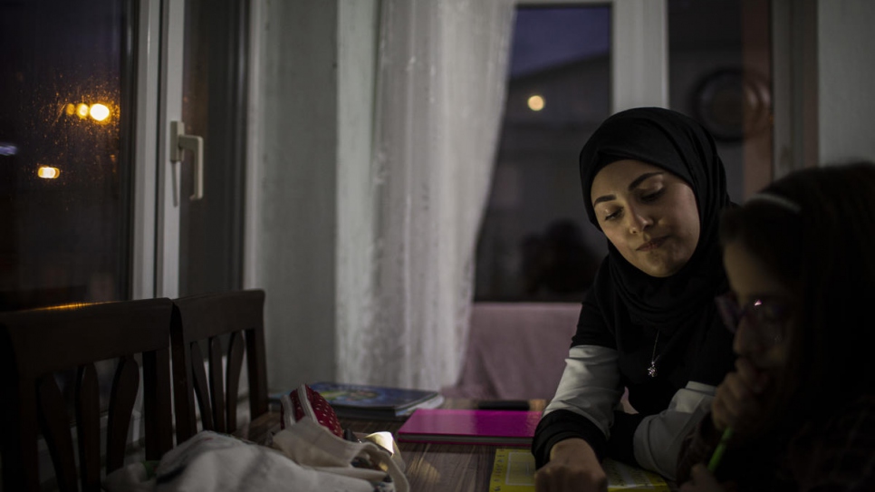 Once a week, Sidra teaches classical Arabic to Malak, an 8-year-old Turkish girl, at her home in Istanbul.