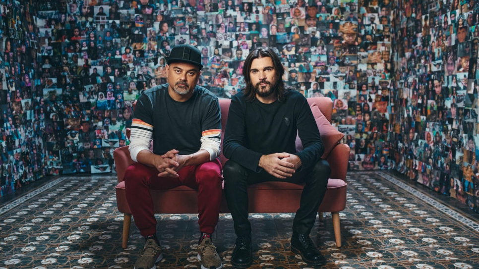 The video for the song "Pasarán," by Spanish rapper Nach (left) and Colombian singer Juanes (right), was a highlight of Monday's virtual ceremony.