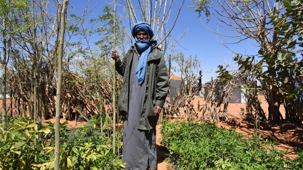 Ahmedou Ag ElBokhary dans la pépinière du camp de Mbera, où les réfugiés maliens cultivent des plantes pour la reforestation. 