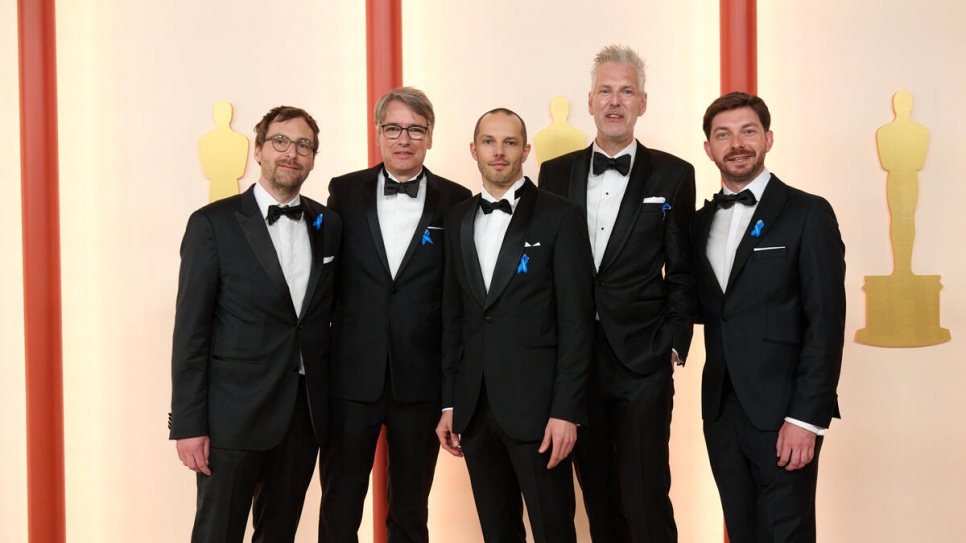 Oscar® nominees Lars Ginzel, Frank Kruse, Markus Stemler, Stephan Korte, and Viktor Prášil arrive on the red carpet of the 95th Oscars® at the Dolby® Theatre at Ovation Hollywood on Sunday, 12 March 2023.