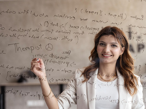 A young woman seen through transparent glass which is writing code on.