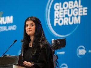 Switzerland. Former Iraqi refugee speaks at the Global Refugee Forum