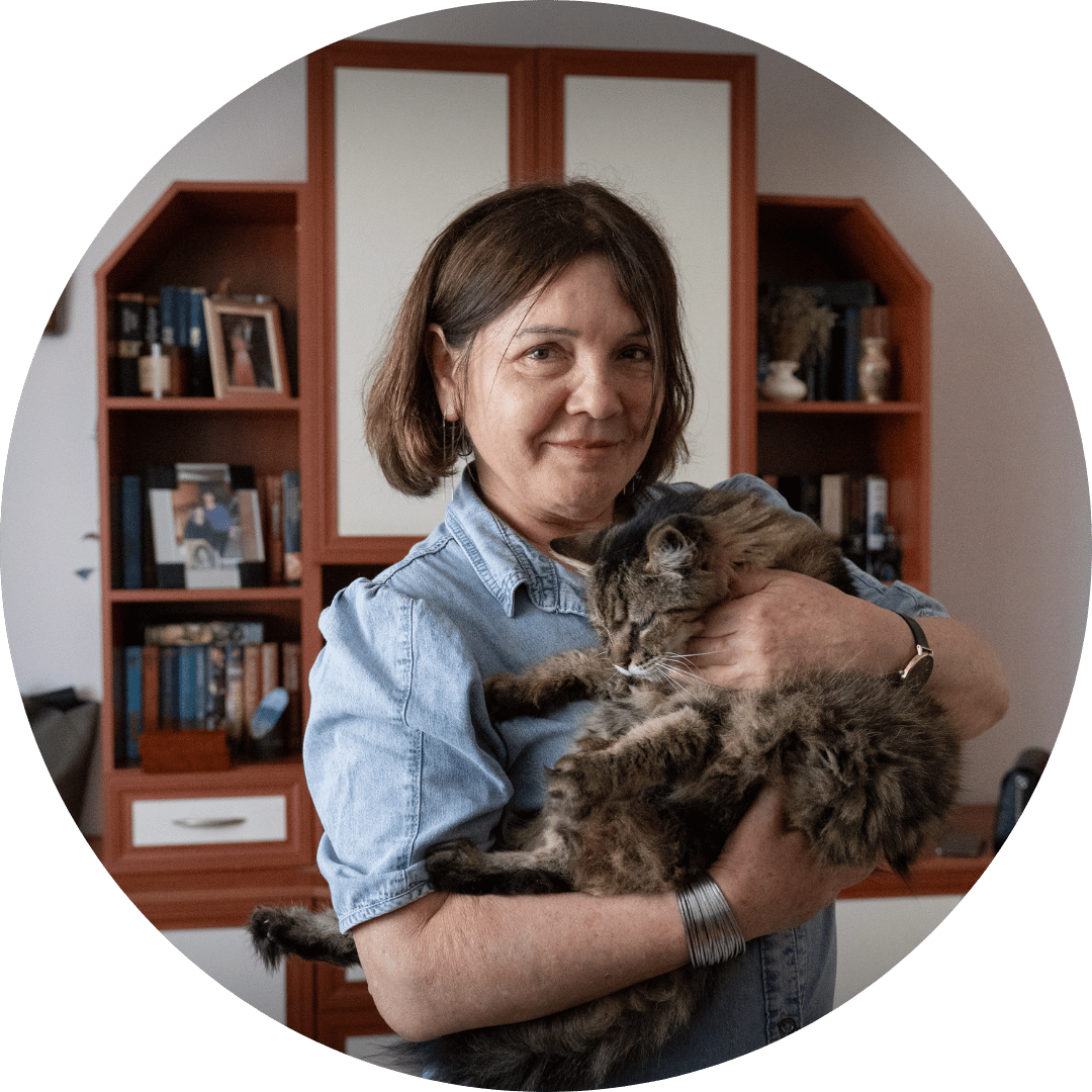 A woman in Ukraine holding her cat