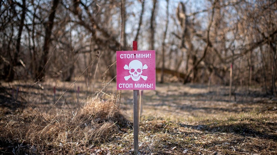 Ukraine. A warning sign for landmines in the Donbas area