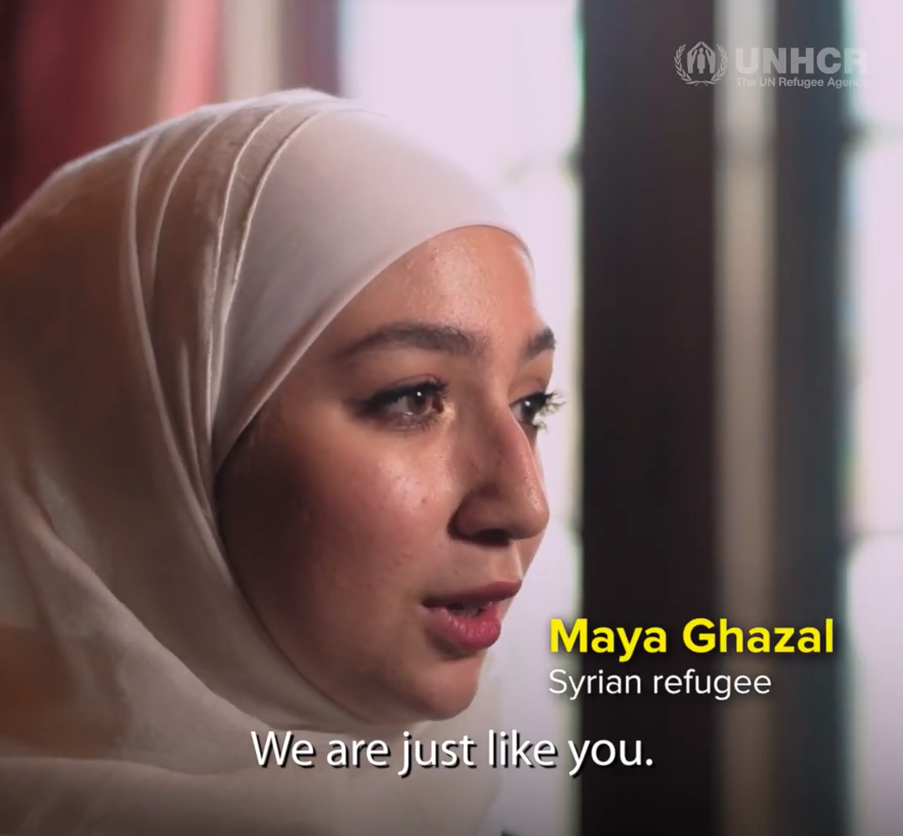 Maya Ghazal talks. Text reads "We are just like you"