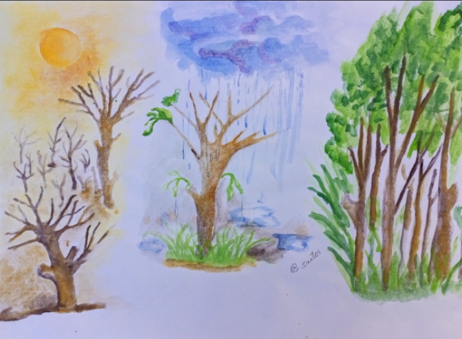 A painting of trees and rainclouds