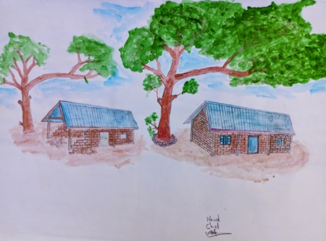 A painting of two houses and two trees