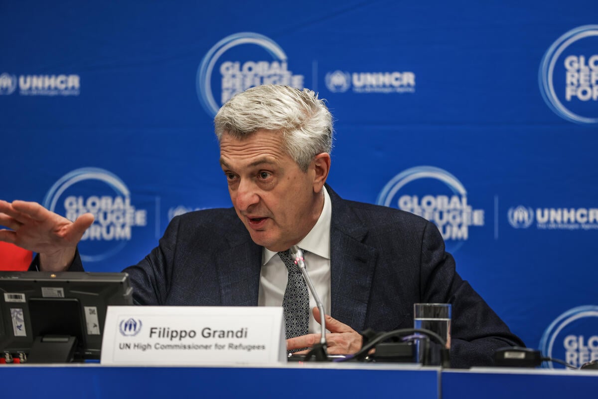 UN High Commissioner for Refugees Filippo Grandi speaks at a news conference at the Global Refugee Forum 2023.