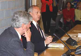 Arthur Helton presents his book to High Commissioner Lubbers (left) and UNHCR staff in Geneva.
