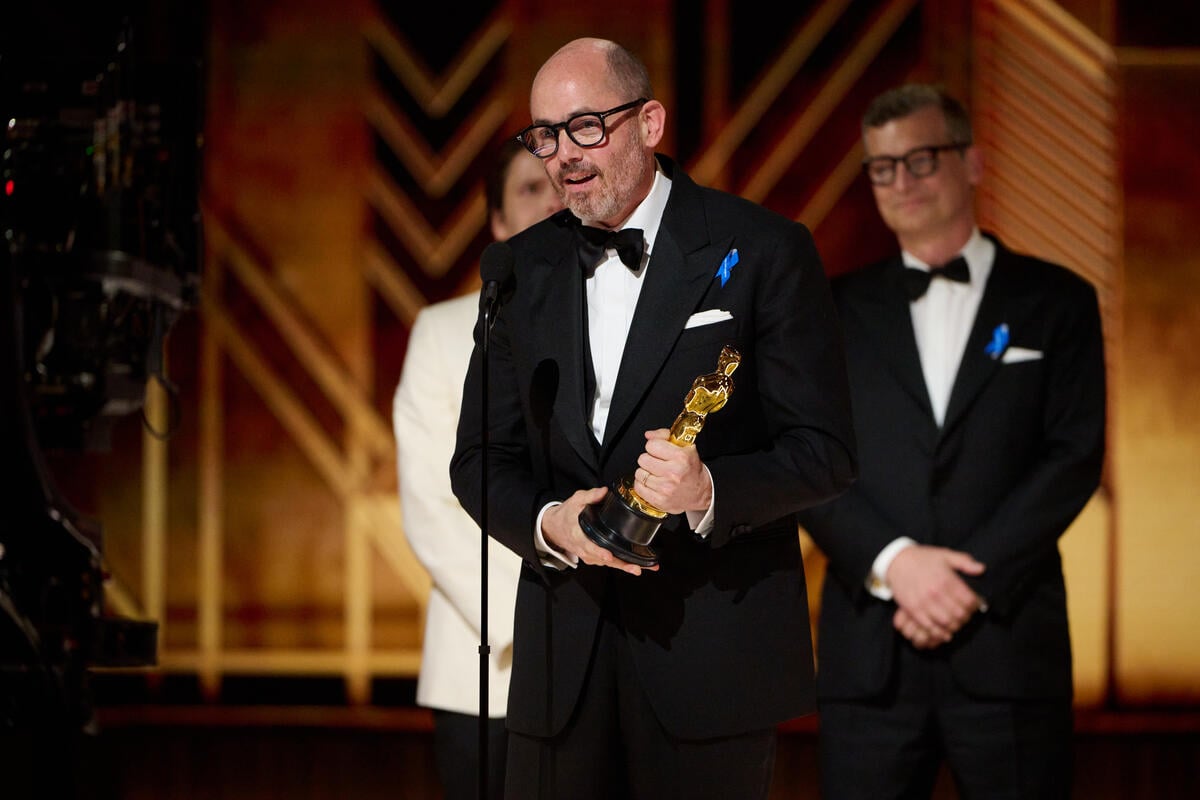 United States. Edward Berger accepts the Oscar for International Feature Film during the live ABC telecast of the 95th Oscars and wears a blue ribbon in solidarity with refugees
