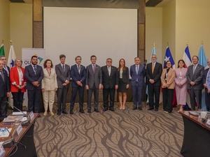 Un grupo de 18 hombres y 11 mujeres con vestimenta formal, de pie en una sala de juntas, detrás de ellos se encuentran 13 banderas coloridas de diferentes países