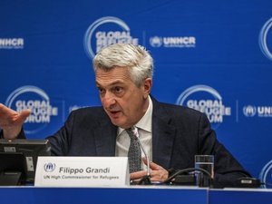 UN High Commissioner for Refugees Filippo Grandi speaks at a news conference at the Global Refugee Forum 2023.