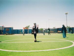 UNICEF Jordan, Zaatari. A girls' football team run by the UNICEF Makani programme. Makani ('My Space' in Arabic) centres provide a safe space for children and young people to access learning opportunities, child protection, life skills, and other critical services.