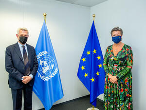 UN High Commissioner for Refugees Filippo Grandi at joint press event with European Commissioner for Home Affairs, Ylva Johansson.
