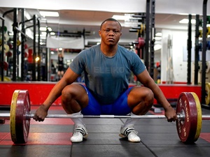 United Kingdom. Weightlifter and Refugee Olympic Team hopeful Cyrille Tchatchet