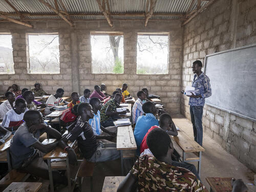South Sudanese teacher Lim Bol teaches at a primary school in Kule refugee camp, Ethiopia, March 2016.