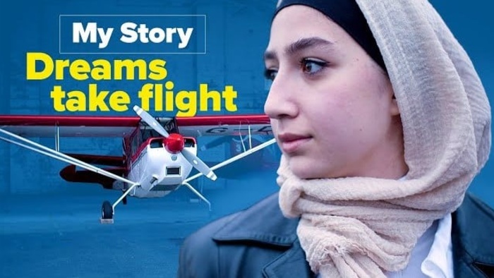 Maya Ghazal next to a plane. Text reads: "My story: Dreams take flight".
