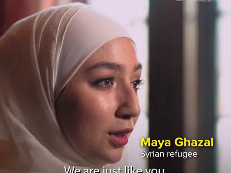 Maya Ghazal talks. Text reads "We are just like you"