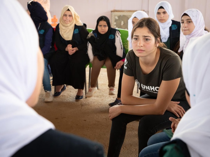 UNHCR Goodwill Ambassador Yusra Mardini meets TIGER girls during a visit to a UNHCR-supported community centre in the Zaatari refugee camp in Jordan. 