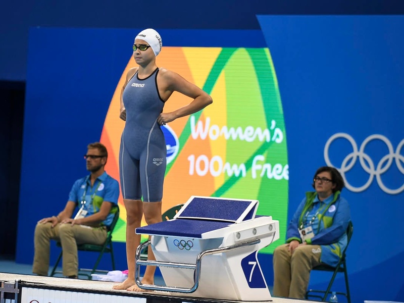 Yusra prepares to compete in the 100m freestyle race at the Rio Olympics in 2016.