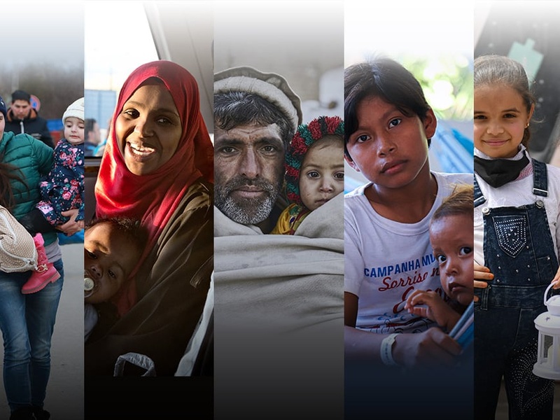A collage of refugees and displaced people, featuring several adults and children.