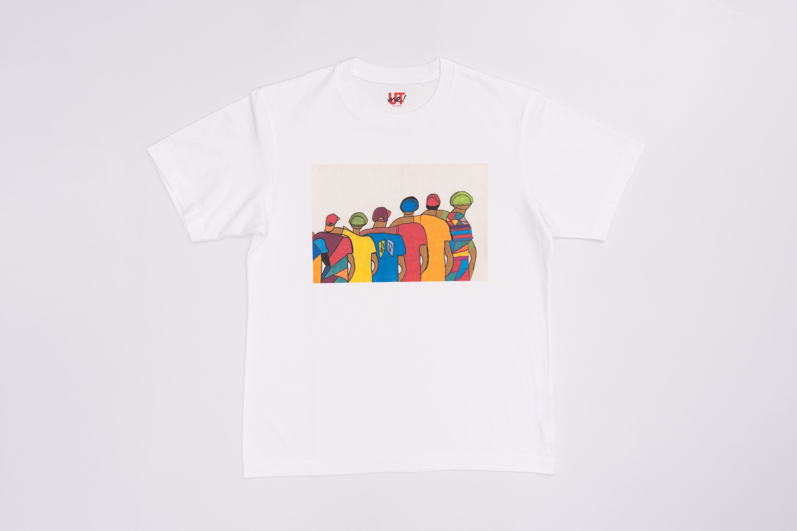 A white t-shirt with an illustration of six persons hugging each other