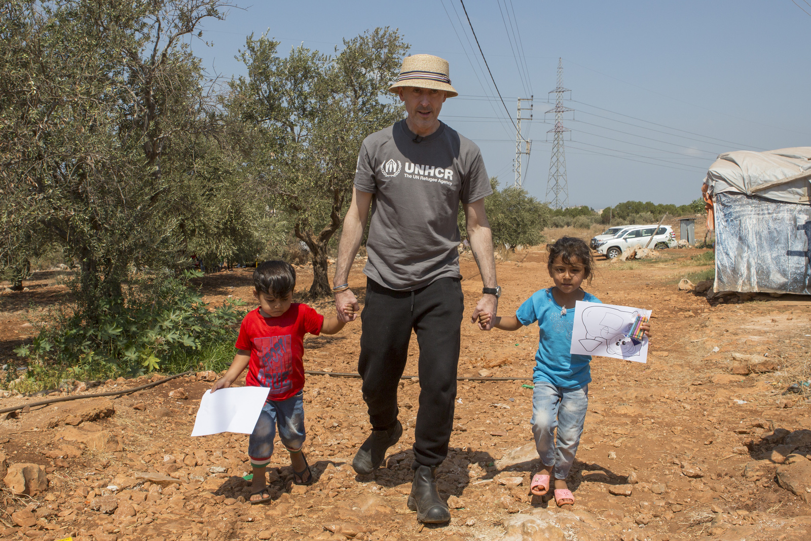 Lebanon. UNHCR High Profile Supporter Alan Cumming meets Syrian refugee Mzyed Haj Khalaf and his family at Rass Maska informal settlement