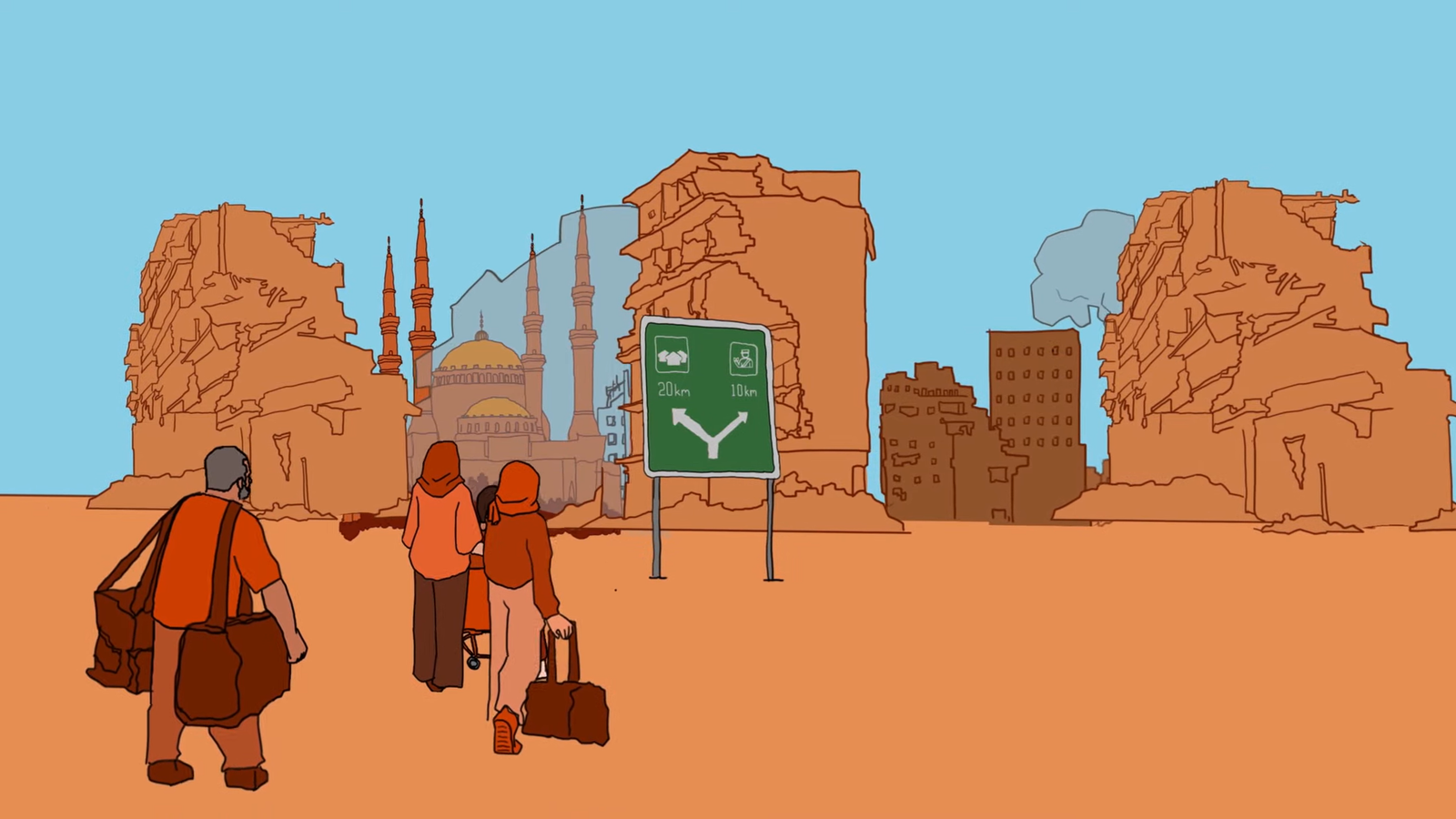 An illustration of a family carrying suitcases with them. In the background is a city damaged by bombs.