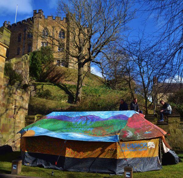 One of the tents is exhibited below historic Durham Castle.