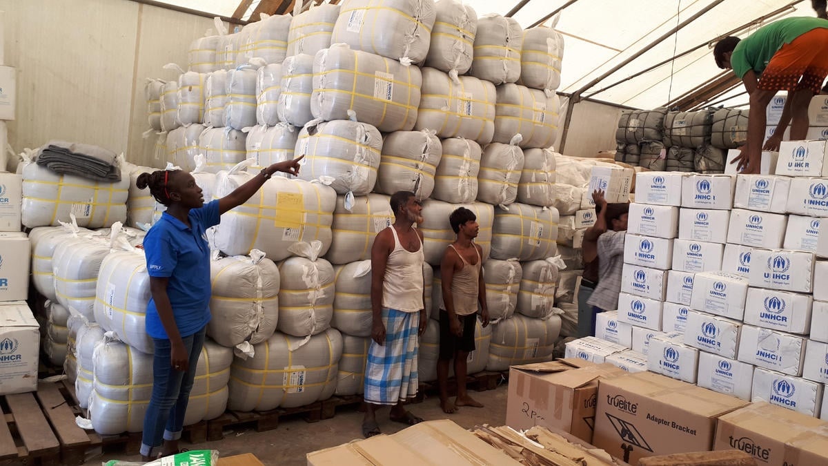 Robina at work in the UNHCR warehouse in Cox's Bazar, Bangladesh.