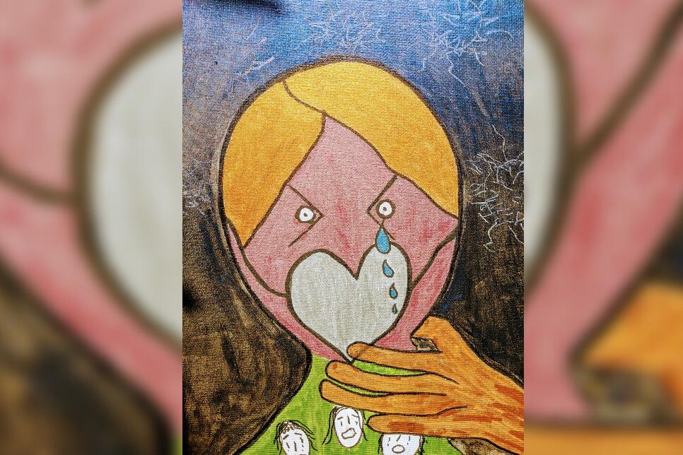 'Women With No Voice' by Zalma Zulfiqar. This is symbolic of the women suffering in silence and a call for better protection of women from abuse during the coronavirus crisis. She's reaching out to vulnerable and isolated refugee and asylum seeker women through ARTconnects.