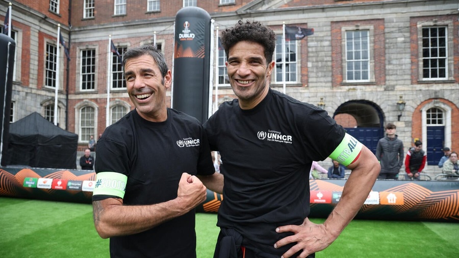 Ireland. Young locals and refugees come together to play in front of the 2024 UEFA Europa League Fanzone in Dublin.