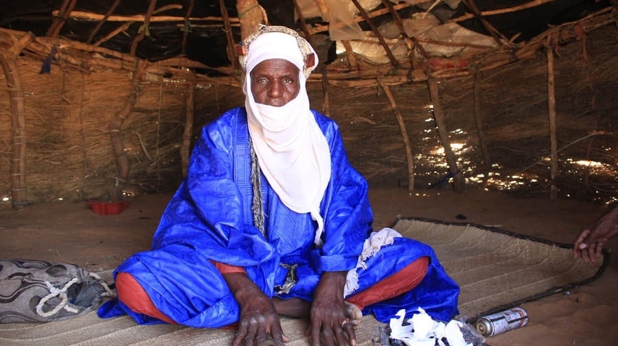 Niger. A displaced pastoralist in his shelter at an IDP site in Tahoua region