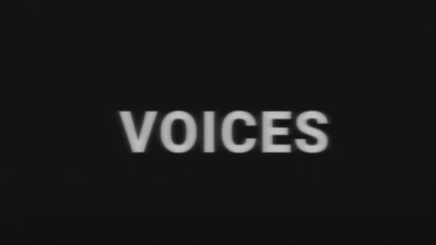 A black screen with the word "Voices" in white