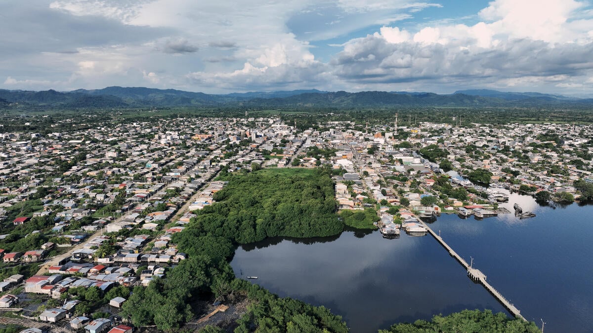 An aerial view of a town and mangroves clustered around an inlet.