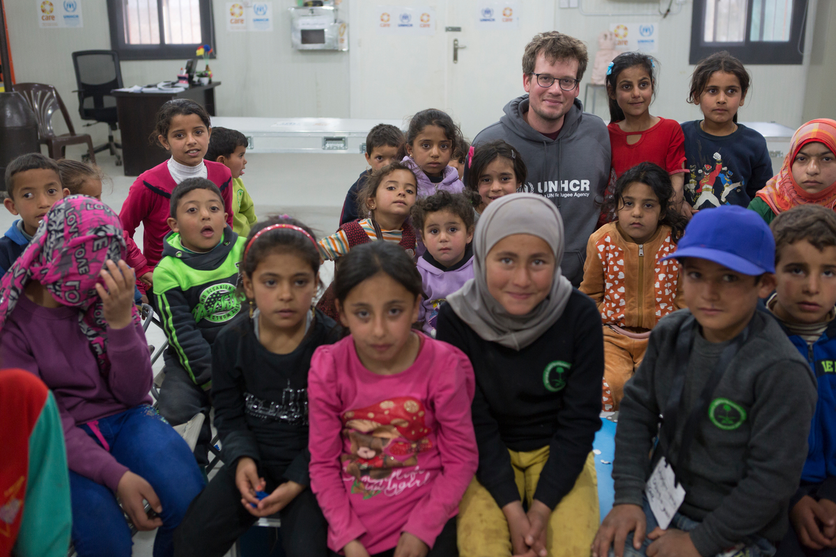 UNHCR High Profile Supporter John Green meets children at the UNHCR funded Community centre in Azraq refugee camp