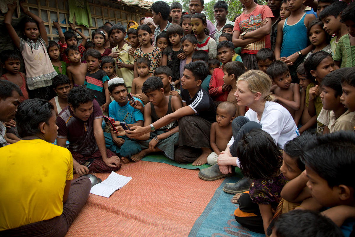 Bangladesh. UNHCR Goodwill Ambassador Cate Blanchett watches a music performance at Kutupalong refugee settlement.