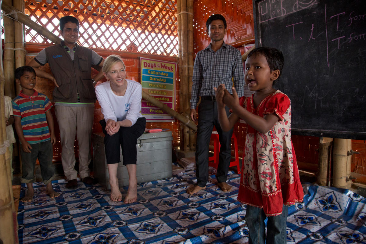 Bangladesh. UNHCR Goodwill Ambassador Cate Blanchett meets young Rohingya refugees at a UNHCR funded Temporary Learning Centre run by UNHCR Implementing Partner: CODEC in Kutupalong refugee settlement