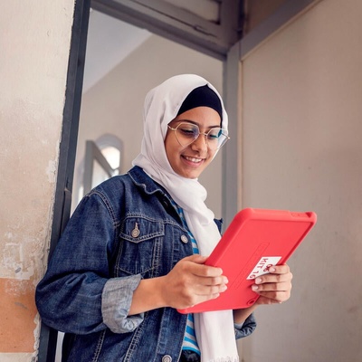 Egypt. Students use their tablets in the classroom at Al Farooq Omar school