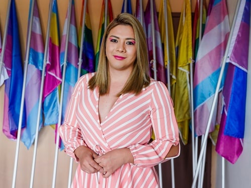 LGBT activist Bianka Rodriguez has her portrait taken at the offices of COMCAVIS Trans in San Salvador.