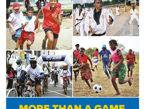 Cover of the UNHCR Sport Strategy, featuring multiple photos of children and young people playing sport. 