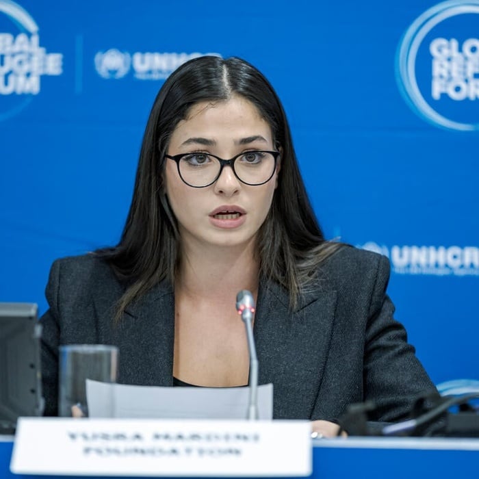 Yusra Mardini speaks at the High-Level Event.