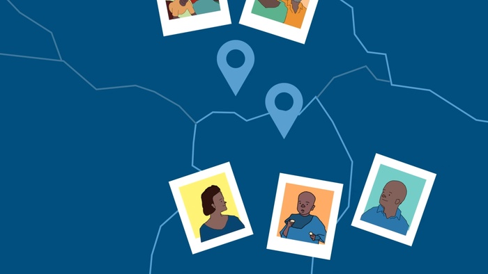 Illustration of refugee pictures pinned on a map.